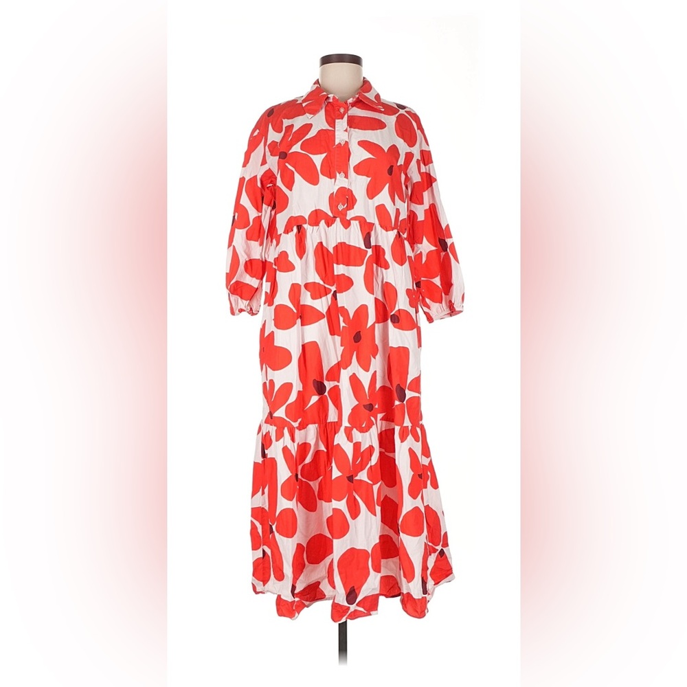 Anthropologie White Maxi Dress with Red Floral Print